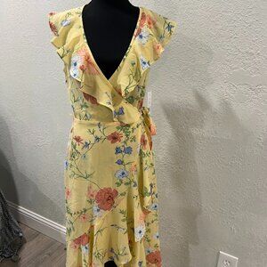 Donna Morgan Light Yellow Print Wrap Ruffle Crepe Dress Size 6 NWT